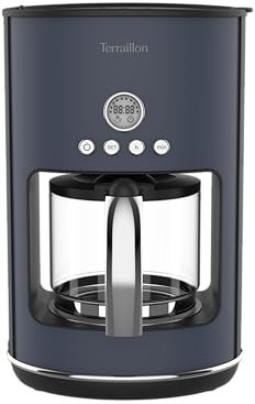Terraillon - NEW MOON- Cafetière filtre Electrique, Programmable, Verseuse verre,1080W, Capacité 1,25L, Maintien au chaud, Fonction anti-goutte, Filtre amovible, Corps en Inox peint, Bleu