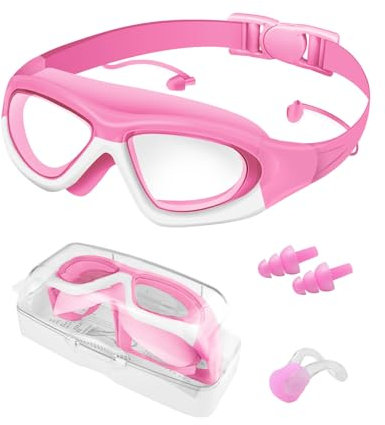Rantizon Lunettes de Natation pour Enfants, Lunettes de Piscine Anti-Buée avec Grand Cadre Confortable, Protection UV et Sans Fuite, Inclut Bouchons d'Oreilles et Nasal, pour Filles 3-14 Ans, Violet