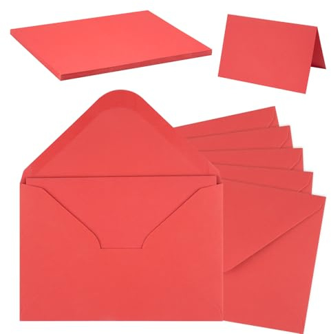 50 Pack Briefumschläge mit Karten Blanko, Rot,11 * 16cm | Faltkarten zum Selbstgestalten, Kuvert Doppelkarten Für Grußkarten, Einladung, Geburtstagskarten, Dankeskarten