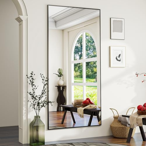 Koonmi Full Length Mirror with Stand, 76 x 171 cm, Black | Freestanding design, Wall-mountable, Can be leaned against a wall, Suitable for living rooms