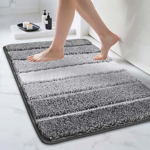COSY HOMEER Badezimmerteppich 60 x 90 cm, Grau | Weiche Badematte, saugstark, rutschfest, waschbar, 100% Polyester, für Dusche, Bad und Schlafzimmer