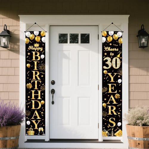 Deko 30. Geburtstag Banner Schwarz Gold - 2 Stück 30 Geburtstagsdeko Happy Birthday Geburtstagsbanner, Stoff Türbanner für Männer Frauen Geburtstagsfeier Dekoration
