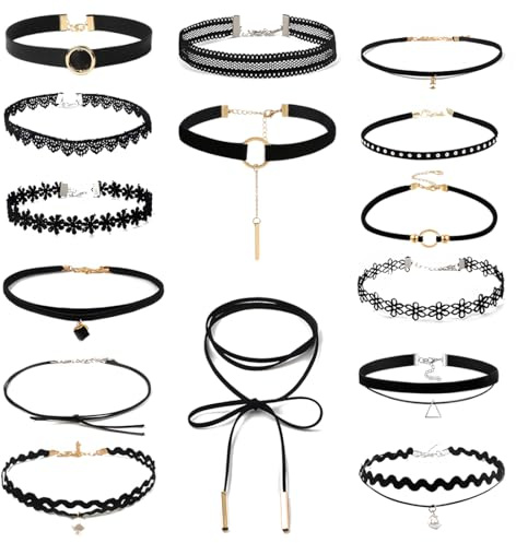 JEYORZY 15 Stück Choker Kette Damen Samt-Choker-Halskette, Halsband für Damen, Gothic Tattoo Spitze, Schwarz, für Frauen und Teenager-Mädchen