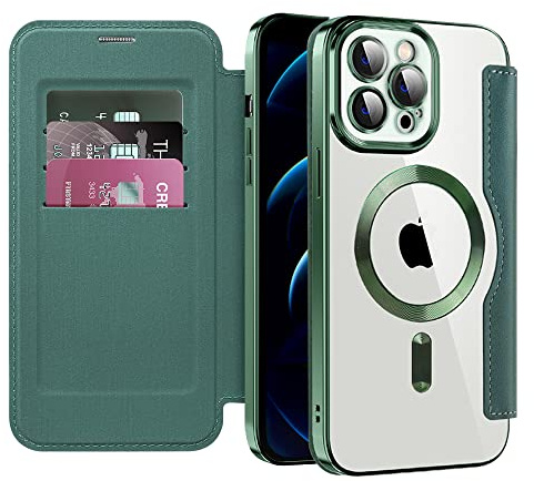 QIWEIQING Case for iPhone 12 Pro Max with Card Holder. Green JDC | Compatible with MagSafe, RFID Blocking, Shockproof, Premium Leather Flip Wallet Cover, Magnetic Clear Silicone Back