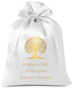 Cormar Sacchetto Celebrativo 50° Anniversario 50 Anni di Matrimonio, Personalizzato con Albero della Vita in Oro, Bianco in Raso Kit da 12 Pezzi