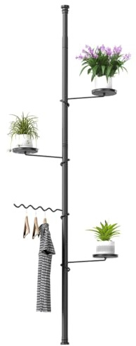 BAOYOUNI 4 Ebenen Teleskop Blumenregal, Pflanzenständer Indoor aus Kohlenstoffstahl, Höhenverstellbare Blumentreppe mit 3 Tabletts und 1 Wellenaufhänger für Wohnzimmer, Balkon und Ecke, Schwarz