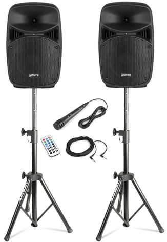 Vonyx VPS082A 8 Active PA DJ Speaker System, Stands, Bluetooth, Light Show | Microphone, 400W output, USB/SD MP3 Media Player, Wireless remote control, echo effect, home DJ sets