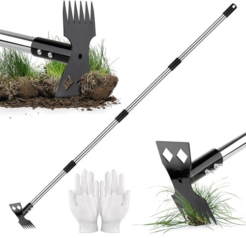 Zourglow Strumento per la Rimozione delle Erbacce 160 cm | 2 in 1 Estirpatore Erbacce con Manico Lungo e Guanti, Rastrello Manuale e Zappa da Giardino per Giardino, Cortile, Patio