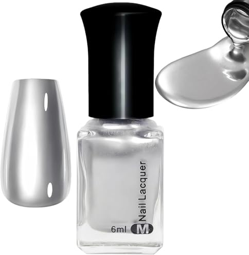 Silver Nail Polish - Metallic Chrome Nail Varnish, Quick Dry, Long-Lasting High Gloss Finish, Chip Resistant, No UV Lamp Needed