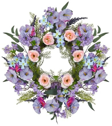 20 Inch Artificial Trumpet Rose Wreath – Purple & Pink Spring Summer Fall Winter Door Decor – PVC+PE Farmhouse Wall Wreath for Indoor Outdoor Use – Lifelike Floral Design