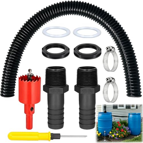 Regentonnen Verbinder Set, Überlauf Regentonne Verbindung Set Regentonnen Verbindungsset Regenfass Verbinder – Regentonnendurchführung 1 Zoll, 100CM Schlauch für Regenwasser Tonnen Wassertanks
