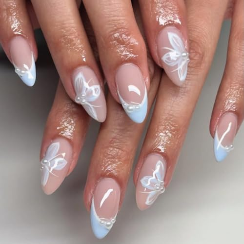 24PCS Almond False Nails, Fake Nail Short Medium Length, French Tip False Nails for Women, Acrylic Nail Kit with Flower and Pearl Design Light Blue Tip, Stick on Nails Kit for Manicure Nail Art