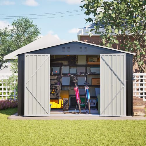 XXXL Metall-Gartenhaus 300x252x191 cm – Pulverbeschichteter Stahl, Satteldach, Schiebetüren, anthrazit – Geräteschuppen für Gartengeräte, Werkzeug & Fahrräder
