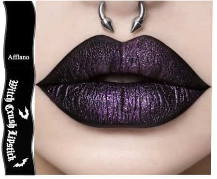 Afflano Rossetto nero e viola glitterato, gotico, altamente pigmentato, a lunga durata, iridescente, impermeabile, per trucco gotico, #10