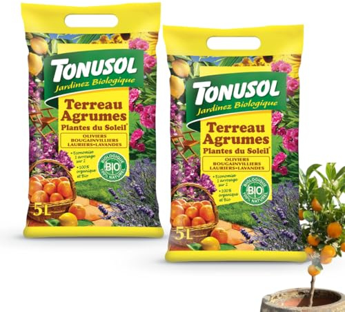 Terreau Agrumes & Plantes Méditerranéennes 5L TONUSOL- Oliviers, Bougainvilliers, Lauriers, Lavandes, Organic et Bio, Utilisable en Agriculture Biologique, Fabriqué en France