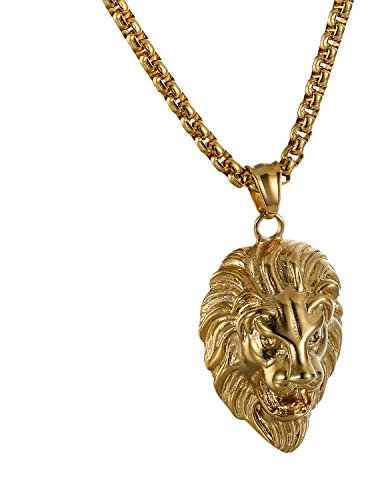 OIDEA Herren Halskette, Löwenkopf Landkarte, Kreis Löwe Krone Doppel Schwerte Römischer Ziffern Anhänger Edelstahl mit 56 cm Kette, Gold