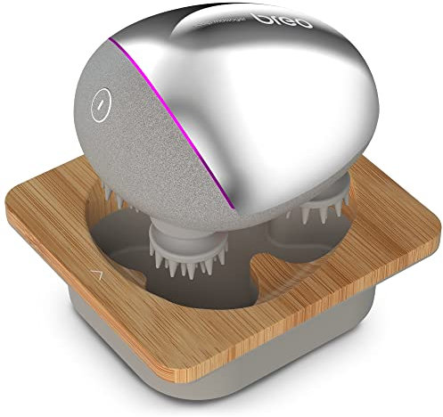 Breo Portable Mini Scalp Massager – IPX7 Waterproof Rechargeable Head Massager for Scalp Relax, Stress Relief Tool with Bamboo Wood Charging Base, Removable Massage Nodes (Silver with Base)