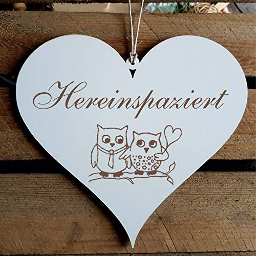 Schild Herz « HEREINSPAZIERT » ca. 13 x 12 cm - mit Motiv EULEN - Türschild Dekoschild Geschenk - Vögel Eule