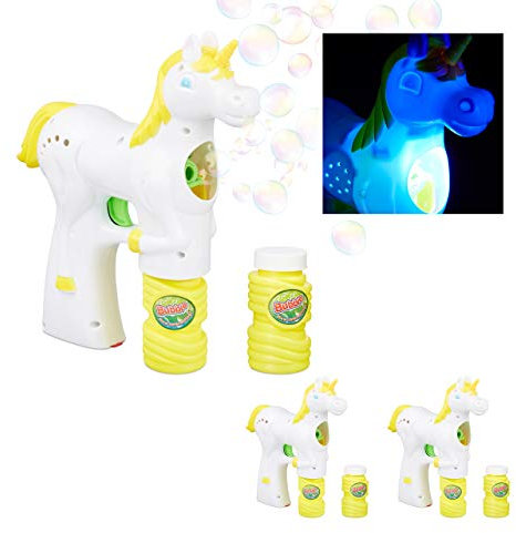 Relaxdays 3 x Einhorn Seifenblasenpistole, LED, batteriebetrieben, inkl. 6X Seifenblasen Flüssigkeit, Kinder & Erwachsene, weiß