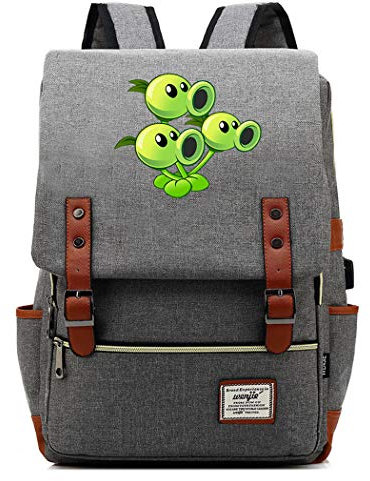 WANHONGYUE Plants vs. Zombies Game College Student Schoolbag Vintage Rucksack 15.6-inch Laptop Backpack with USB Charging Port Light Grey / 3