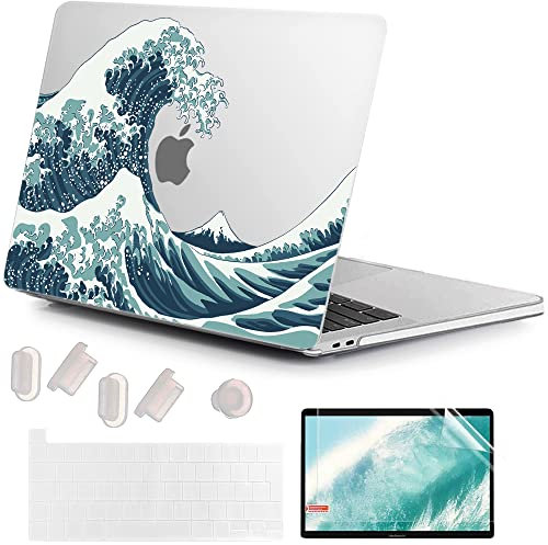 MUSHUI 4 in 1 Custodia per MacBook Pro 13 Pollici 2022–2016 (Modello: A2338 M1 M2 A2289 A2251 A2159 A1989 A1706 A1708), Morbida Case & Tastiera Cover per Mac Pro 13.3, Onde Giapponesi