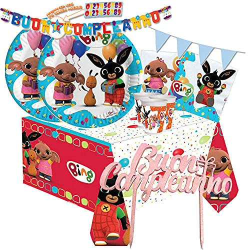 Kit N° 79 Coordinato Tavola Bing New decorazioni compleanno party coniglietto nero rosso + topper torta in legno buon compleanno rosa