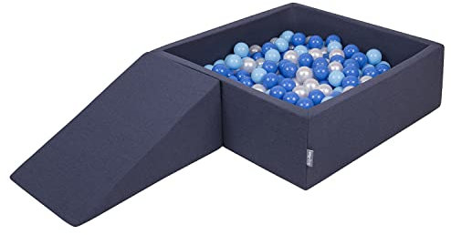 KiddyMoon Aire De Jeux en Mousse avec Carré Piscine À Balles (200 Balles) pour Enfants, Bleu Foncé:Babyblue/Bleu/Perle