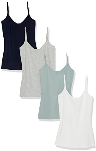 Amazon Essentials Camiseta Interior Ajustada de Punto con Cuello de Pico (Disponible en Tallas Grandes) Mujer, Pack de 4, Azul Marino/Blanco/Gris Mezcla/Verde Salvia, XS