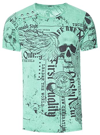 Rusty Neal Herren T-Shirt Verwaschen mit Plakativem Print 'Flying-Skull' Stretch-Shirt Streetwear-Finest mit Seitlicher-Knopfleiste 296, Farbe:Mint, Größe S-3XL:L