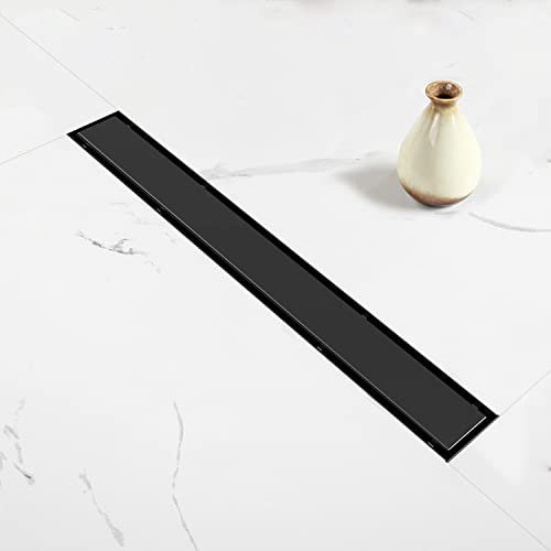 Elefloom Linear Shower Drain, 28 inch Black Drain with Tile Insert 2-in-1 Panel, Brushed 304 Stainless Steel Shower Floor Drain, Linear Drain with Hair Strainer and Adjustable Feet