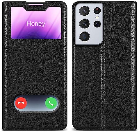 Cadorabo Hülle kompatibel mit Samsung Galaxy S21 Ultra in KOMETEN SCHWARZ - Schutzhülle mit Magnetverschluss, Standfunktion und 2 Sichtfenstern