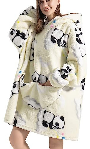 JOJJJOJ Übergroße Hoodie-Decke mit riesiger Tasche Bequeme Sherpa Fleece Decke Kapuzenpullover warmes Sweatshirt Bademantel für Damen Herren Teenager Geschenk(Weißer Panda)