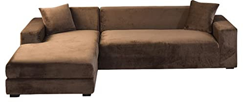 GUYIRT Samt Sofabezug L Form, 2-teiliger Stretch L Form Sofa überzug rutschfest Couchbezug L Form Weicher Möbelschutz Für Ecksofa -braun-3+3 Sitzer