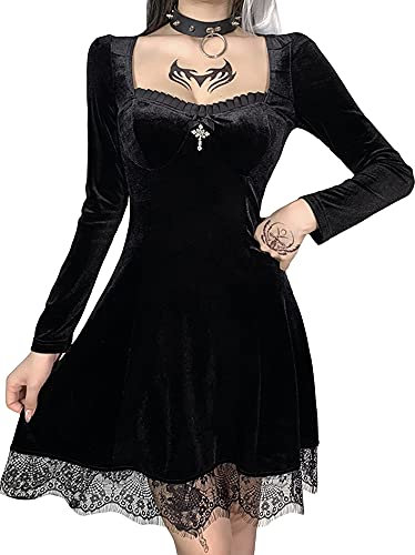 Women Gothic Lolita Steampunk Grunge Velvet Cocktail Party Halloween Dress Lace Mesh Long Sleeve Punk Goth Dress - B-Black