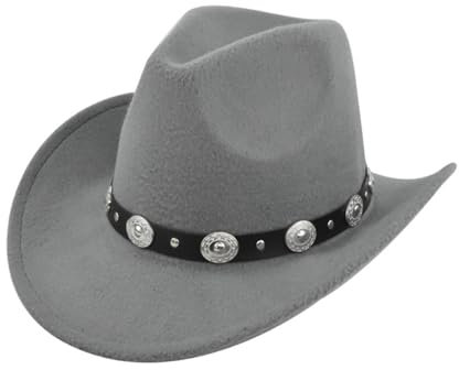 HIQIU Vintage Classisch Cowboyhut Damen Herren,Westernhut Filzhut breite Krempe Gürtelschnalle Dekor Panama Fedora Hut(Grau)