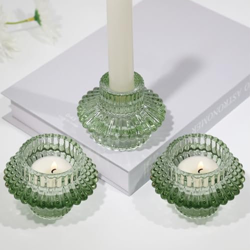 HofferRuffer Lot de 3 bougeoirs en verre pour bougies coniques et bougies chauffe-plat Vert