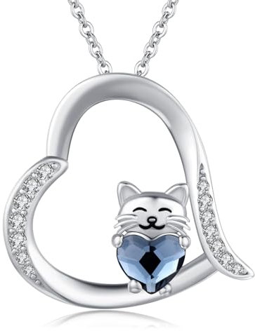 CHENGHONG Katze Kette Damen 925 Sterling Silber Katzen Anhänger Herz Halskette mit Blauer Kristall Katze Schmuck Geschenke für Frauen Mädchen…