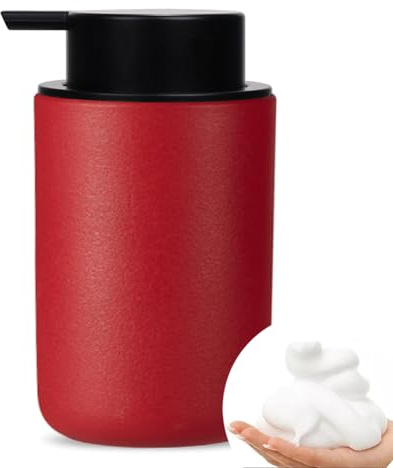 Roter schäumender Handseifenspender mit schwarzer Pumpe, Keramik-Schaumseifenspender für Badezimmer, nachfüllbar, 340 ml, für Desinfektionsmittel, Duschgel, Handwäsche