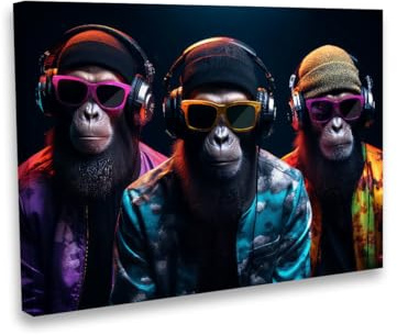 Hustling Sharks® Tierbild „Three Cool Monkey- Tierbilder“ – Leinwand | XXL Tierbild im Hochformat, Affen Bild, Wandbild Tiere, Affen Leinwand, Bilder Deko Wohnzimmer, Bilder Deko Wand