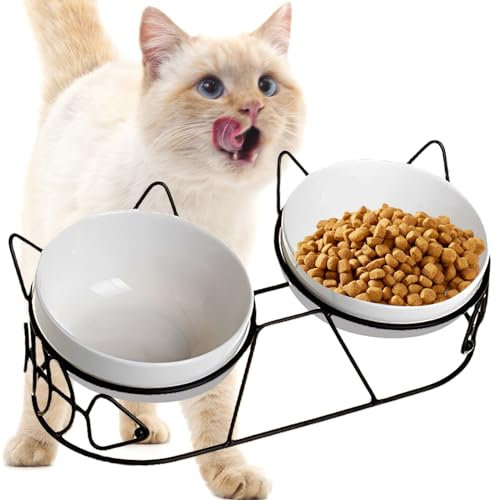 Ciotola rialzata per cani e gatti - Set da 3 ciotole in ceramica con inclinazione di 15°, doppia ciotola per cibo e acqua