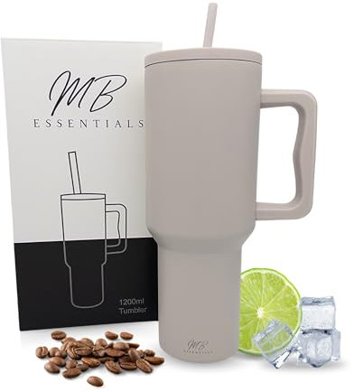 MB Essentials Thermobecher mit Strohhalm & Henkel – 1200ml Edelstahl Becher to go | Isolierter Tumbler mit Deckel & Griff | für warme & kalte Getränke | Geschenkidee (Beige)