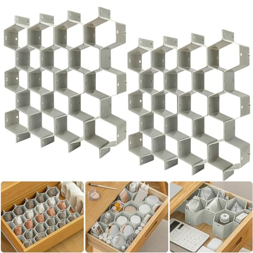 Bazasa 16 Stück Honeycomb Schublade Teiler Organizer für Unterwäsche, Verstellbarer Separator für Socken, Schmuck, Gürtel, Krawatten, Kleidung, Make-up, Büroartikel (2 Pack Grau)