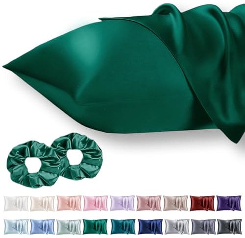 Vielit 2 Pack Satin Pillowcase for Hair and Skin Cooling,Soft as Silk Pillowcase for Hair and Skin,Easier Care than Silk Pillow Case Dark Green 50x75cm Gifts for Women Envelope & 2 Scrunchies