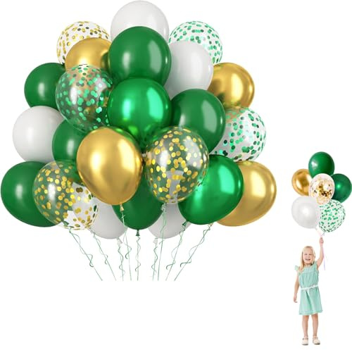 Luftballons Metallic Grün, 60 Stück Jungle Grün Gold Weiß Party Ballons, 100% Naturlatex, Geruchlos, Luftballons Geburtstag, 12 Zoll Latex Ballon für Geburtstag Hochzeit Safari Tropische Sommer Party