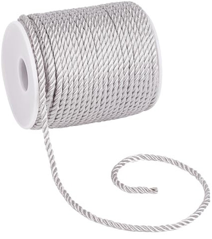 PH PandaHall 30m de Cordon Torsadé Argenté pour Remise de Diplôme, Corde Décorative Nœuds Papillon de 3mm Cordes en Soie de Polyester Doux pour Vêtements, Abat-Jour, Bracelets Tressés