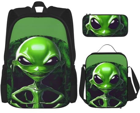 MQGMZ Reise-Rucksack mit Alien-Druck, 3-teilig, leicht, wasserabweisend, Büchertasche, Lunch-Tasche, Federmäppchen, Grün, Schwarz , Einheitsgröße
