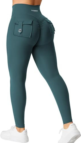 YEOREO Damen Sport Leggings mit Pockets V Taille Gym Leggings Butt Lifting Workout Yoga Fitness Leggings Blue Green M