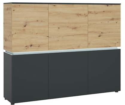 möbelando Highboard >LUCI< 6 Türen, Beleuchtung, Artisan Eiche Dekor/Grau - 166x132x40cm BxHxT