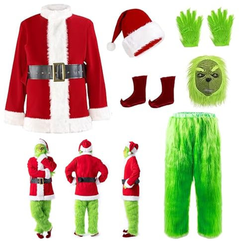 YFMBFV Grinch Kostüm Erwachsene,7 PCS Grinch Weihnachtsmann Outfit Grünes Monster Halloween Christmas Funny Cosplay Costume Props for Women Men