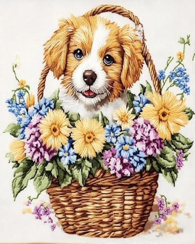 ANSIWEIGO Malen-nach-Zahlen-Set für Erwachsene,Hund im Blumenkorb,einfaches Malen nach Zahlen zum Selbermachen,Acrylbild,Kunst und Handwerk,40x50 cm,ohne Rahmen
